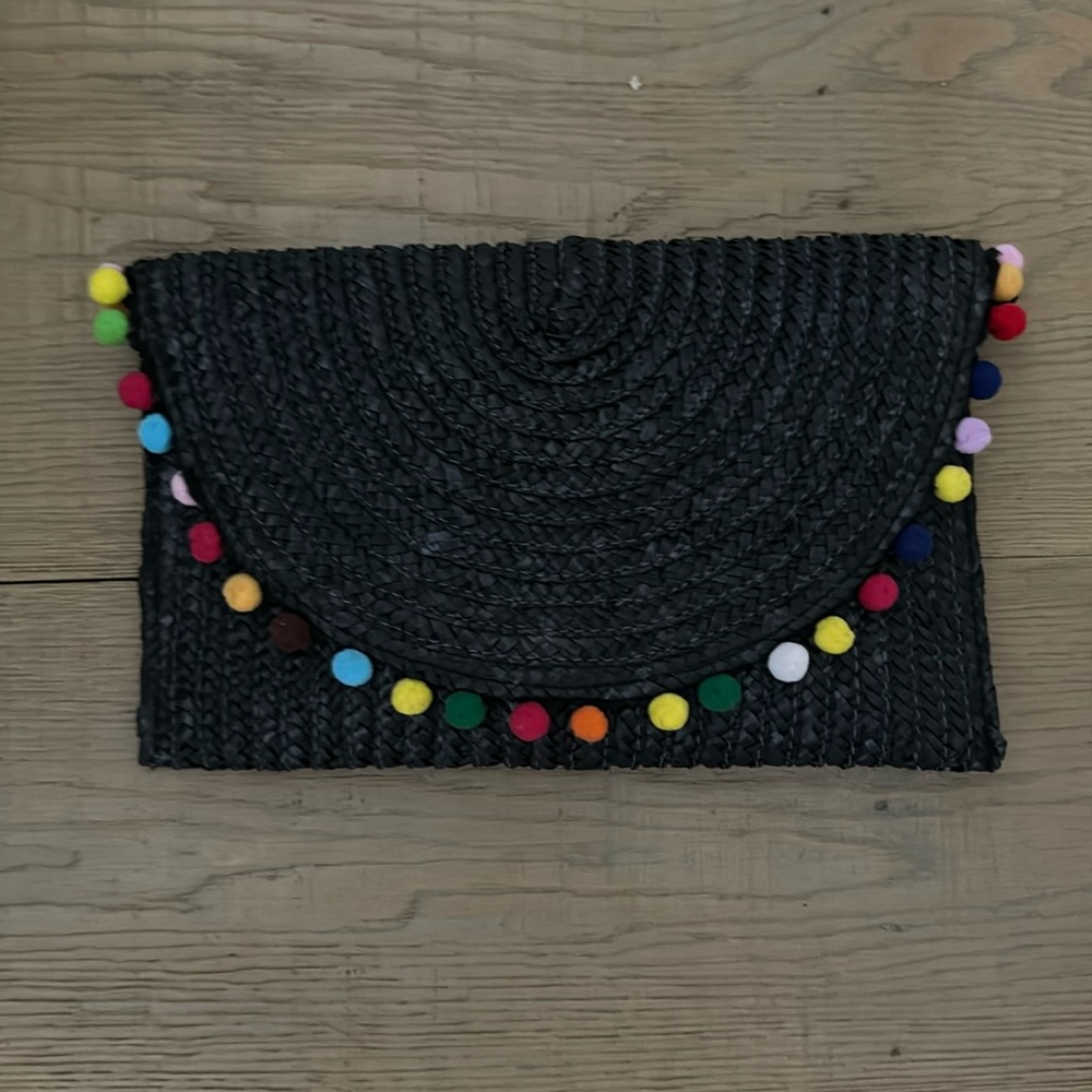 NWOT Shiraleah black raffia clutch with multi color Pom Poms